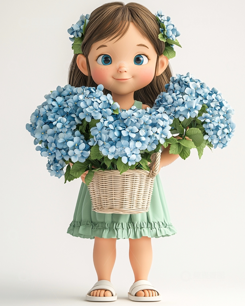 高清大图下载【趣麦麦图】可爱卡通女孩抱着绣球花