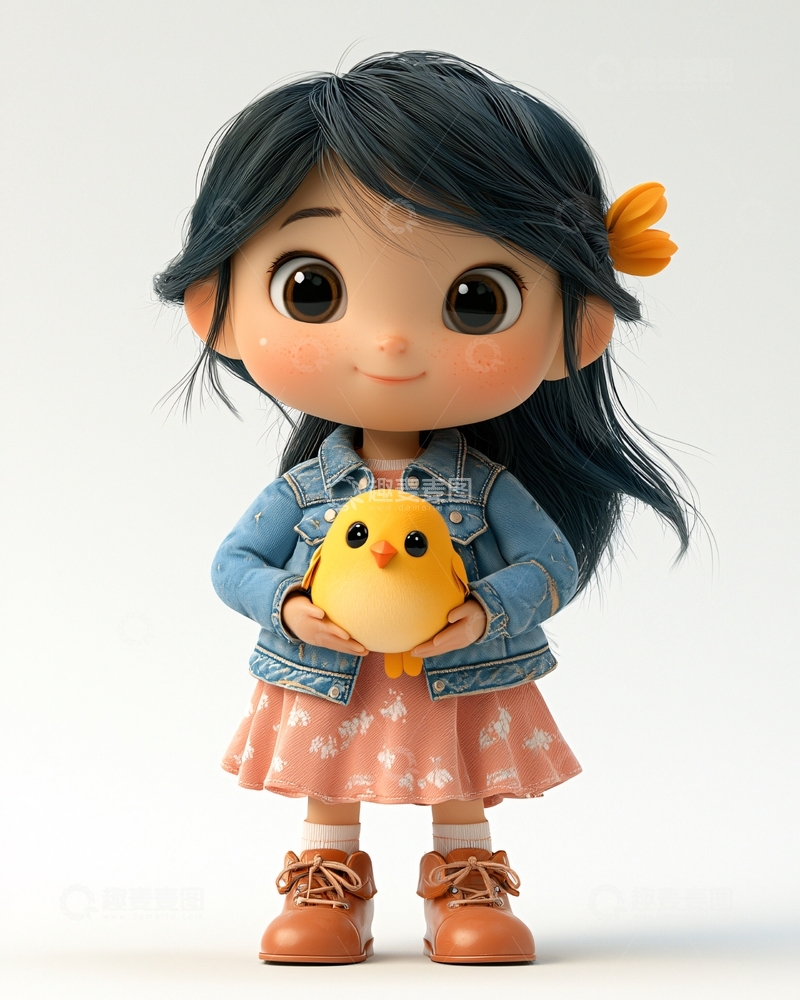 高清大图下载【趣麦麦图】可爱卡通女孩和小鸡