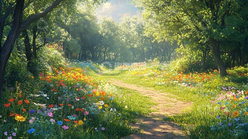 高清大图下载【趣麦麦图】阳光森林小路鲜花