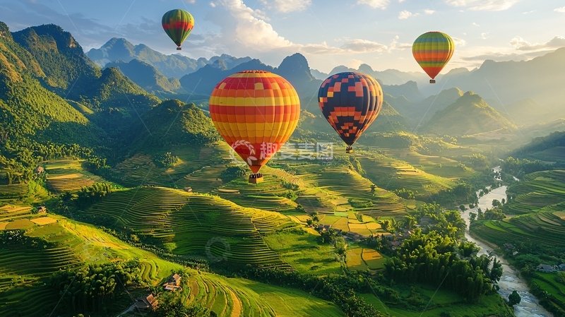 高清大图下载【趣麦麦图】热气球飞跃山峦田野