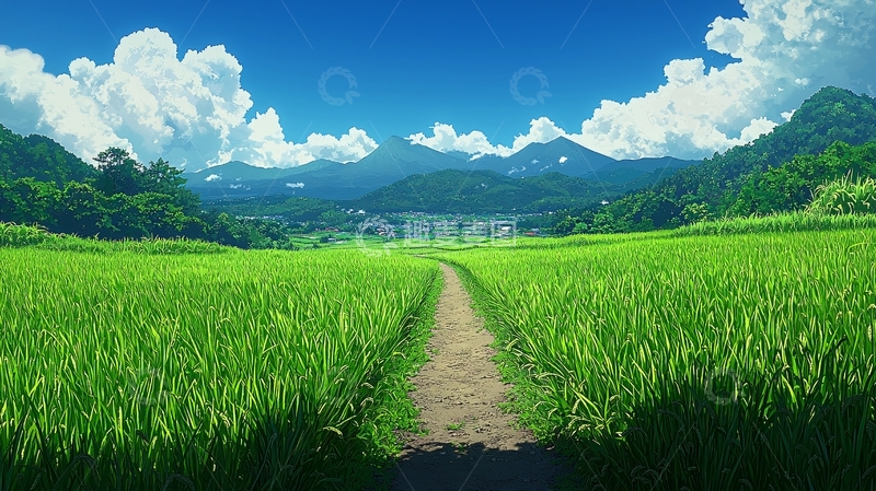 高清大图下载【趣麦麦图】绿油油的稻田小路