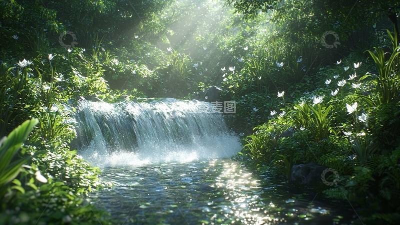 高清大图下载【趣麦麦图】阳光森林瀑布