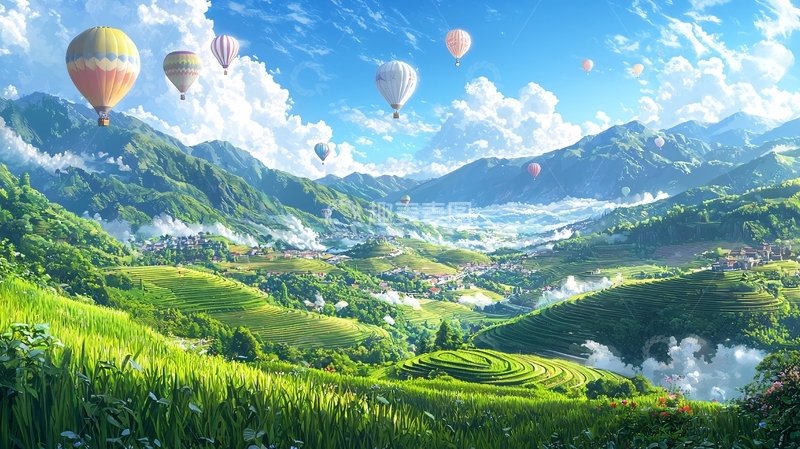高清大图下载【趣麦麦图】热气球飞跃山谷田园