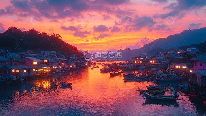 高清大图下载【趣麦麦图】日落渔村