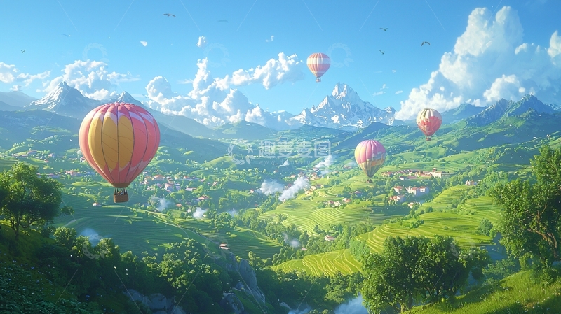 高清大图下载【趣麦麦图】热气球飞跃山谷田园