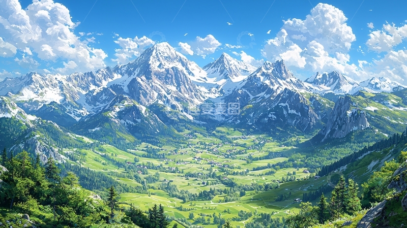 高清大图下载【趣麦麦图】雪山环绕的绿地