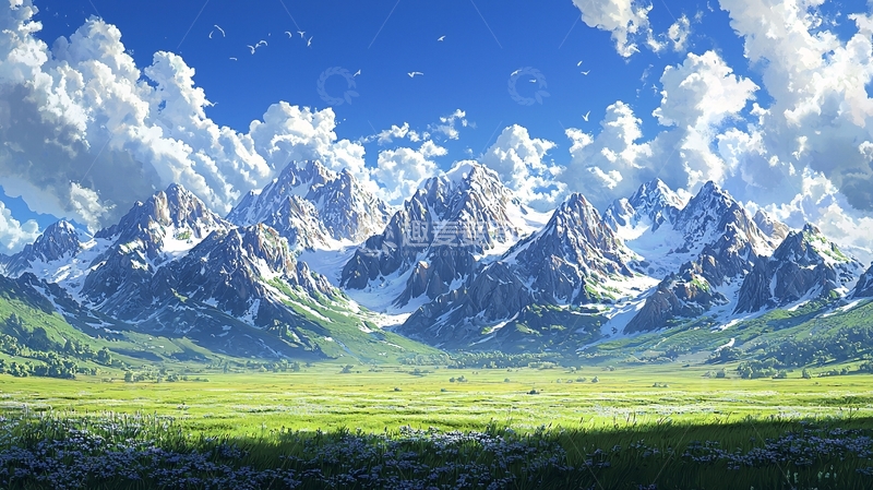 高清大图下载【趣麦麦图】雪山草原风景画