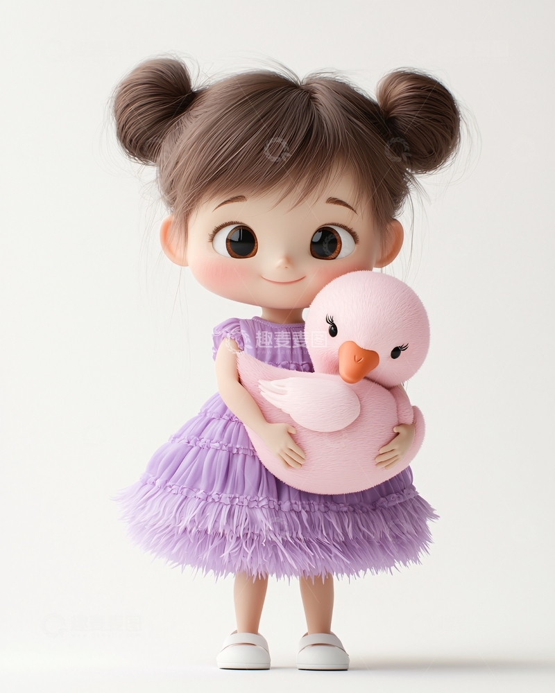 高清大图下载【趣麦麦图】可爱卡通女孩抱着粉色火烈鸟