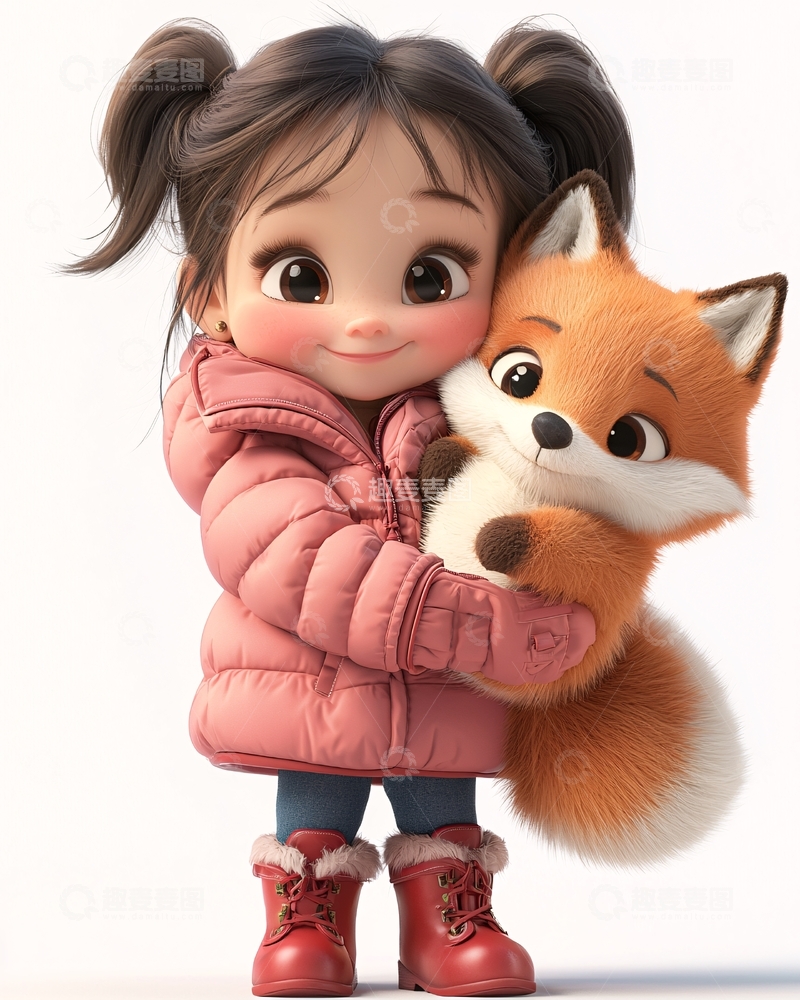 高清大图下载【趣麦麦图】可爱卡通女孩抱着小狐狸