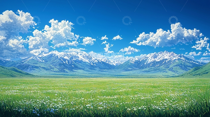 高清大图下载【趣麦麦图】蓝天白云下的雪山草原