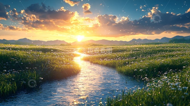 高清大图下载【趣麦麦图】阳光洒在草原上的小溪