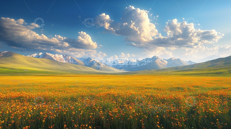 高清大图下载【趣麦麦图】阳光下的金色花田与雪山