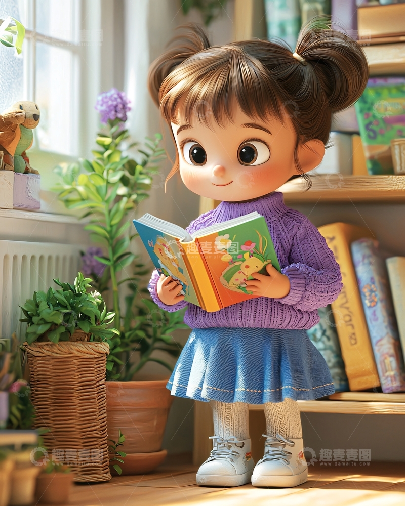 高清大图下载【趣麦麦图】可爱女孩读书