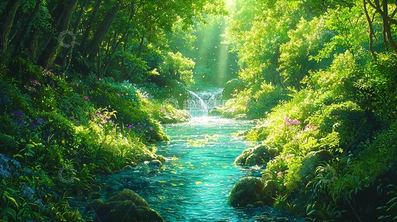 高清大图下载【趣麦麦图】阳光森林溪流
