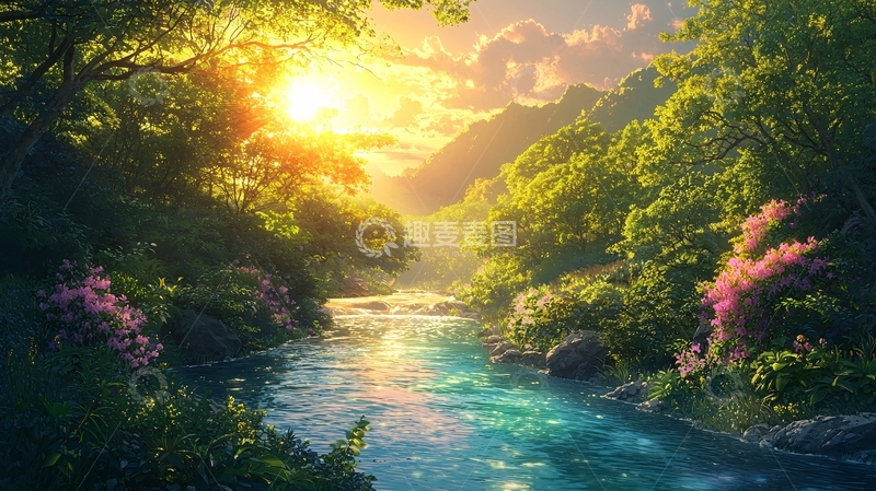 高清大图下载【趣麦麦图】清晨阳光森林溪流