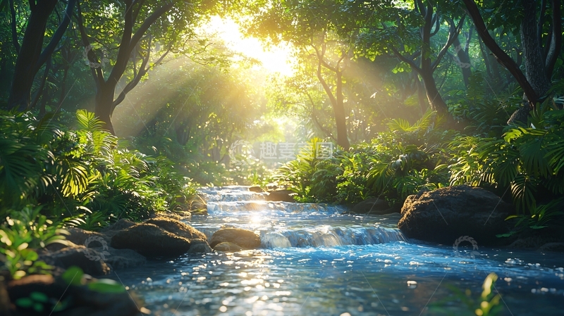 高清大图下载【趣麦麦图】森林溪流阳光