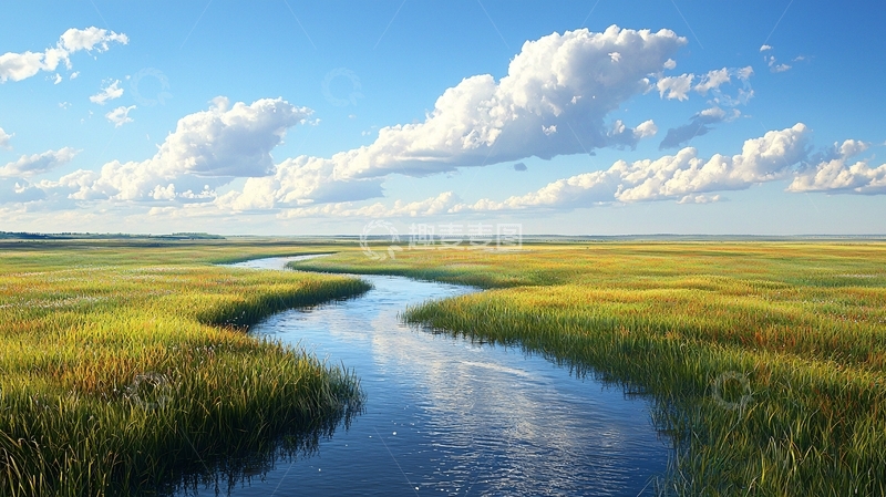 高清大图下载【趣麦麦图】蓝天白云下的河流与草原
