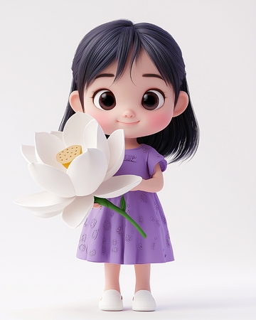 可爱卡通女孩抱着莲花
