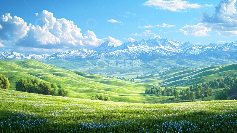 高清大图下载【趣麦麦图】阳光下的绿草山脉