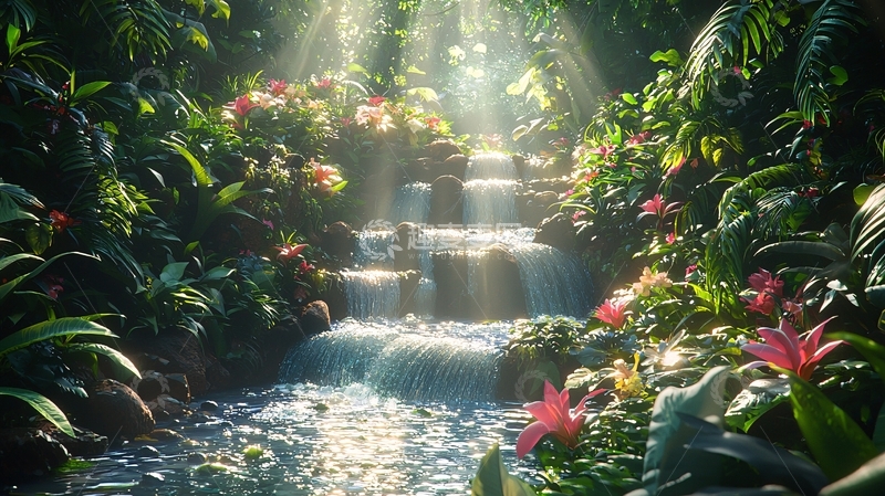 高清大图下载【趣麦麦图】阳光森林瀑布
