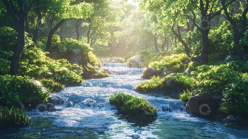 高清大图下载【趣麦麦图】阳光森林溪流
