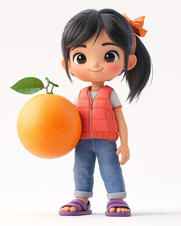 可爱卡通女孩抱着橙子