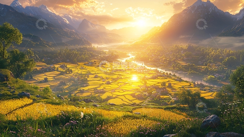 高清大图下载【趣麦麦图】日出山谷梯田风景