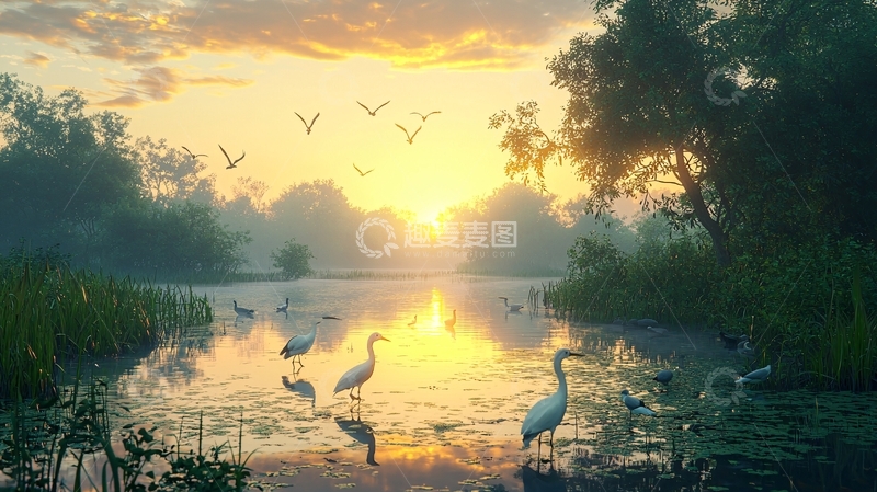 高清大图下载【趣麦麦图】日出河边白鹭群鸟