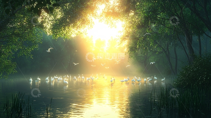 高清大图下载【趣麦麦图】清晨阳光树林河流鸟群