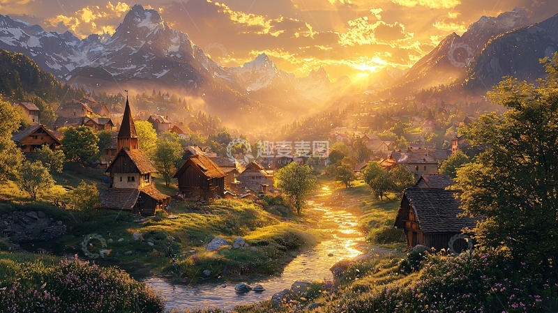 高清大图下载【趣麦麦图】夕阳下的山谷小镇