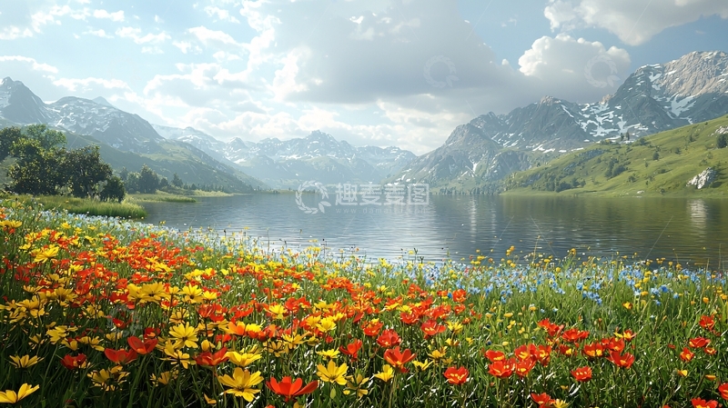 高清大图下载【趣麦麦图】高山湖泊鲜花盛开