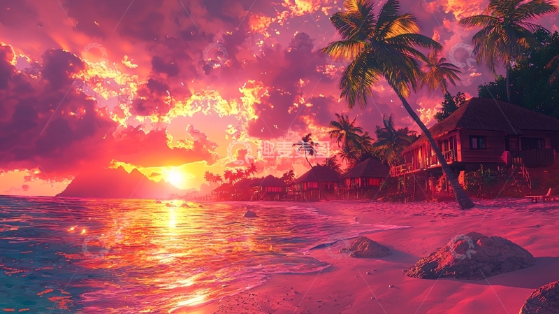 高清大图下载【趣麦麦图】热带海滩落日晚霞