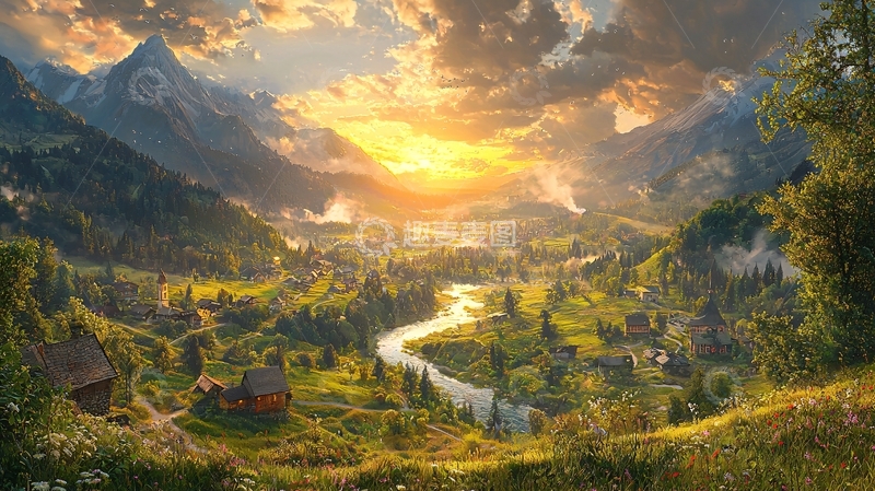 高清大图下载【趣麦麦图】日出山谷河流村庄