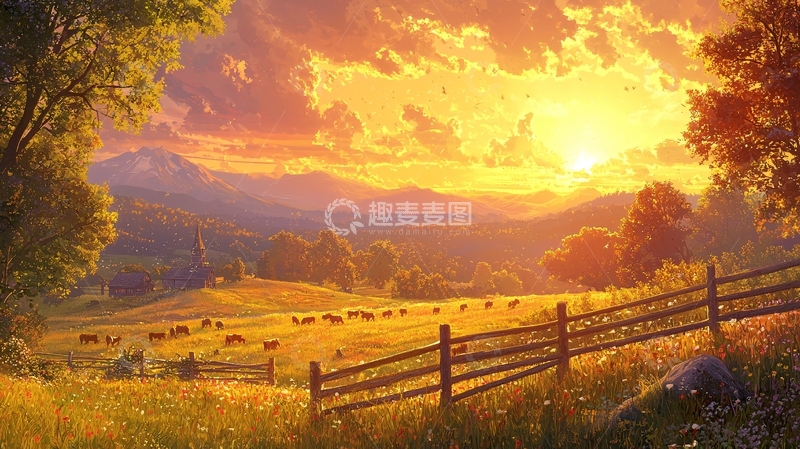 高清大图下载【趣麦麦图】金色夕阳下的田园牧歌