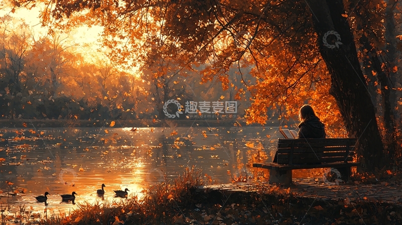 高清大图下载【趣麦麦图】秋日落叶女子独坐