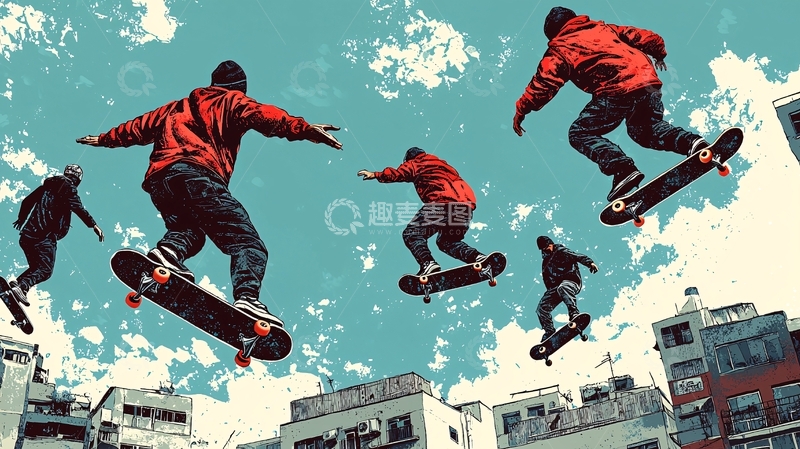 高清大图下载【趣麦麦图】空中飞跃的滑板少年