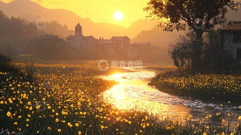 高清大图下载【趣麦麦图】日出小镇河流田野