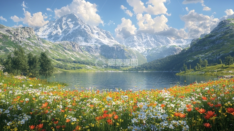 高清大图下载【趣麦麦图】雪山湖泊鲜花田园