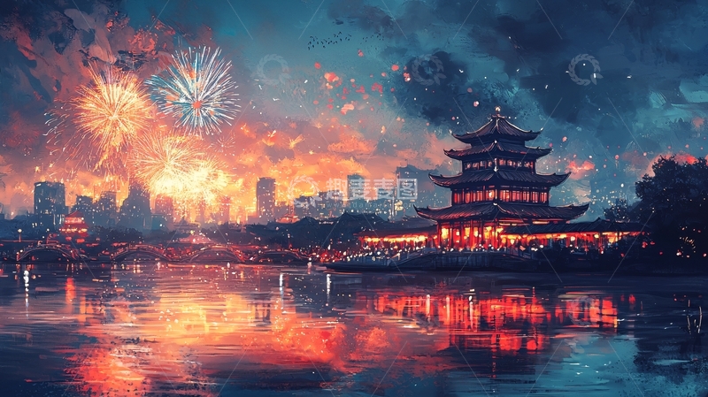 高清大图下载【趣麦麦图】烟花下的中国古建筑