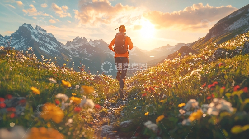 高清大图下载【趣麦麦图】女子山间跑步日落