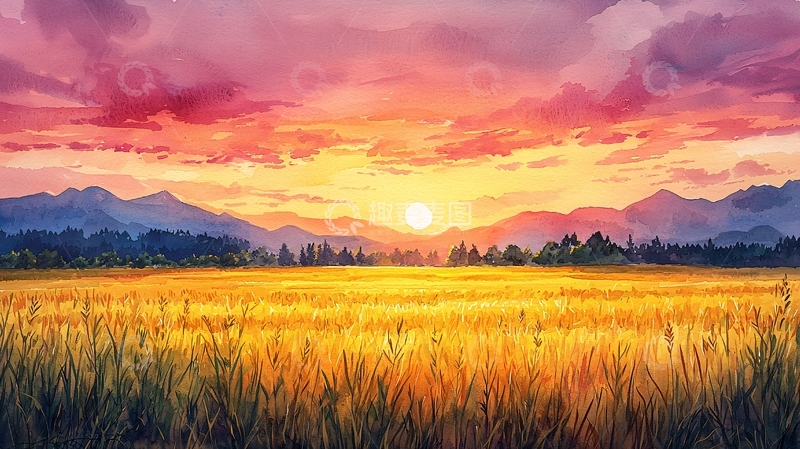高清大图下载【趣麦麦图】日落麦田山脉风景