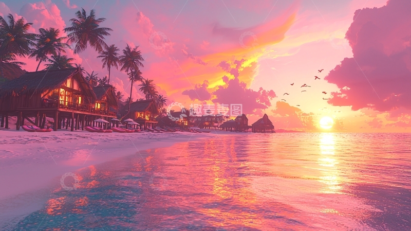 高清大图下载【趣麦麦图】粉色日落海滩度假村
