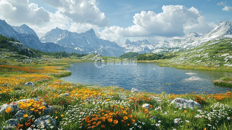 高清大图下载【趣麦麦图】高山湖泊鲜花盛开
