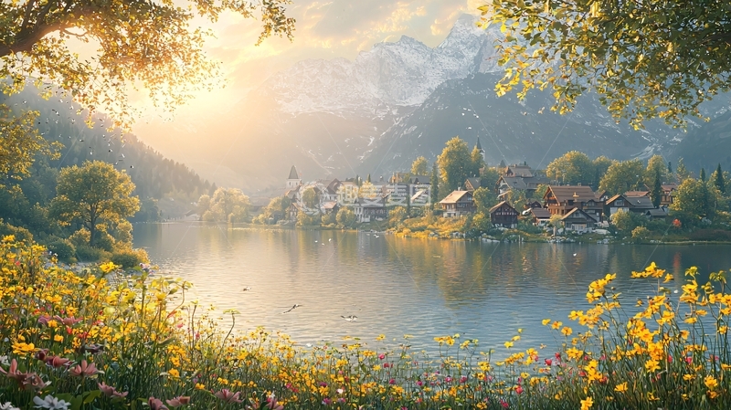 高清大图下载【趣麦麦图】清晨湖畔小镇
