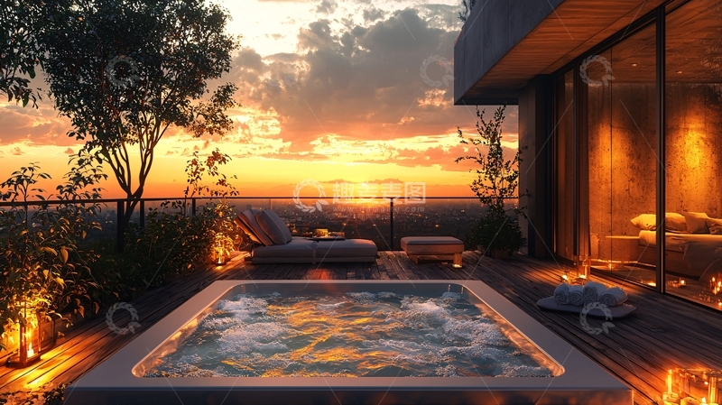 高清大图下载【趣麦麦图】日落景观顶层公寓按摩浴缸