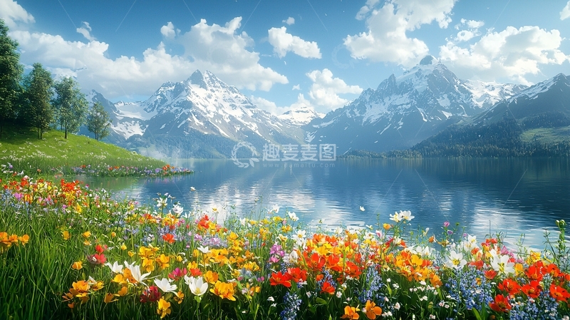 高清大图下载【趣麦麦图】雪山湖泊鲜花盛开
