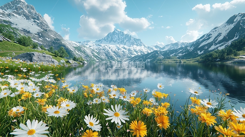 高清大图下载【趣麦麦图】高山湖泊鲜花盛开