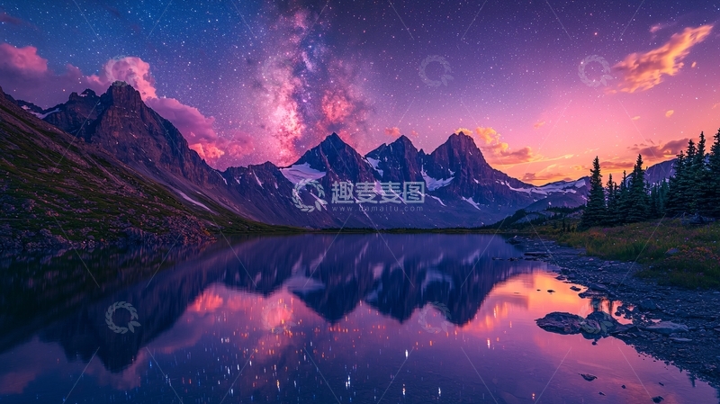 高清大图下载【趣麦麦图】极光倒影山脉湖泊