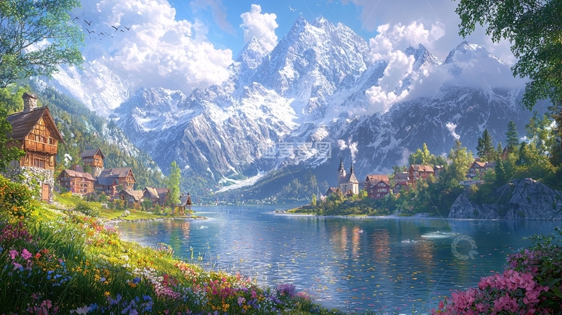 高清大图下载【趣麦麦图】雪山湖泊村庄风景画