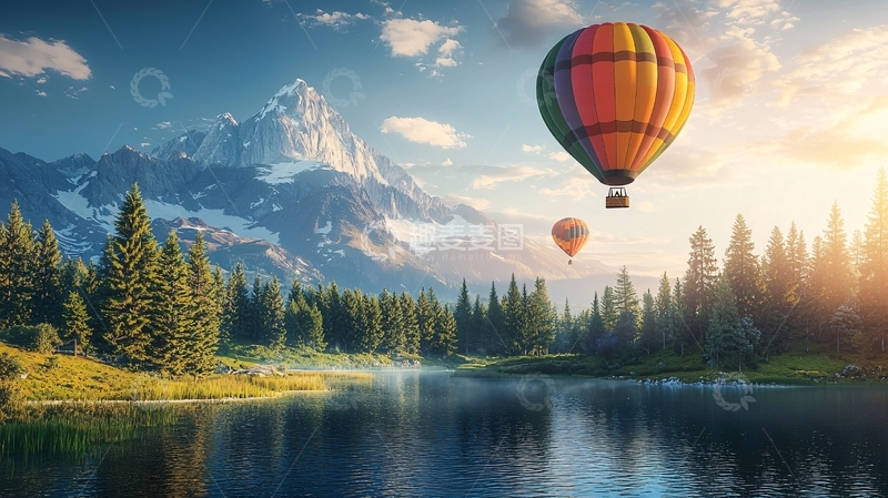 高清大图下载【趣麦麦图】热气球雪山湖泊风景